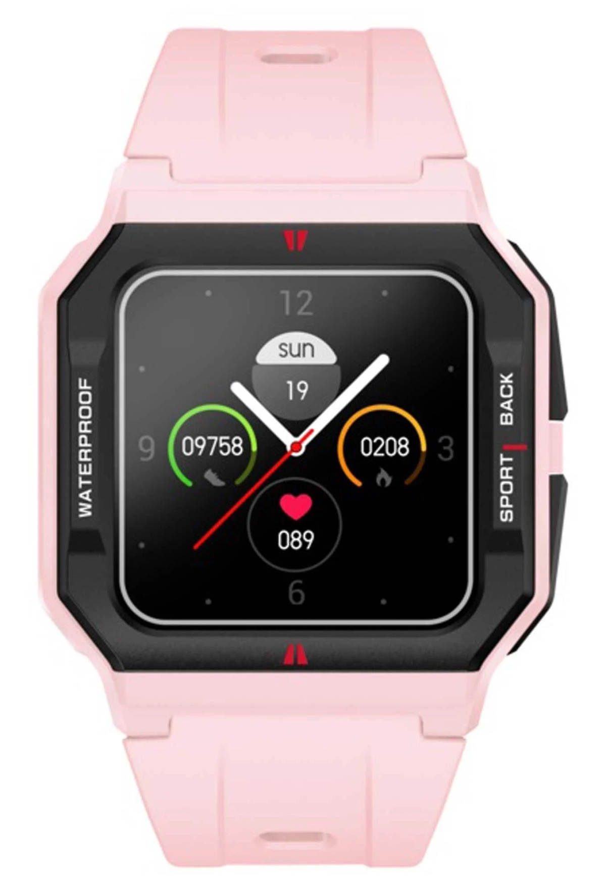 Smartwatch rosa con schermo nero. Visualizza ora, data e dati attività. L'orologio ha un cinturino rosa e una cornice nera.