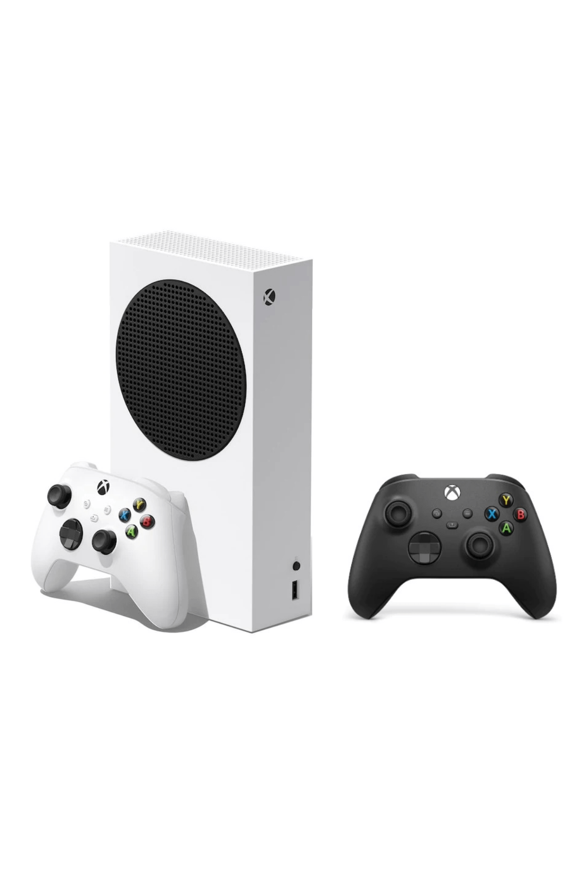 Beyaz bir Xbox Series S konsolu, iki kontrolcü (beyaz ve siyah), beyaz zemin üzerinde izole edilmiş.