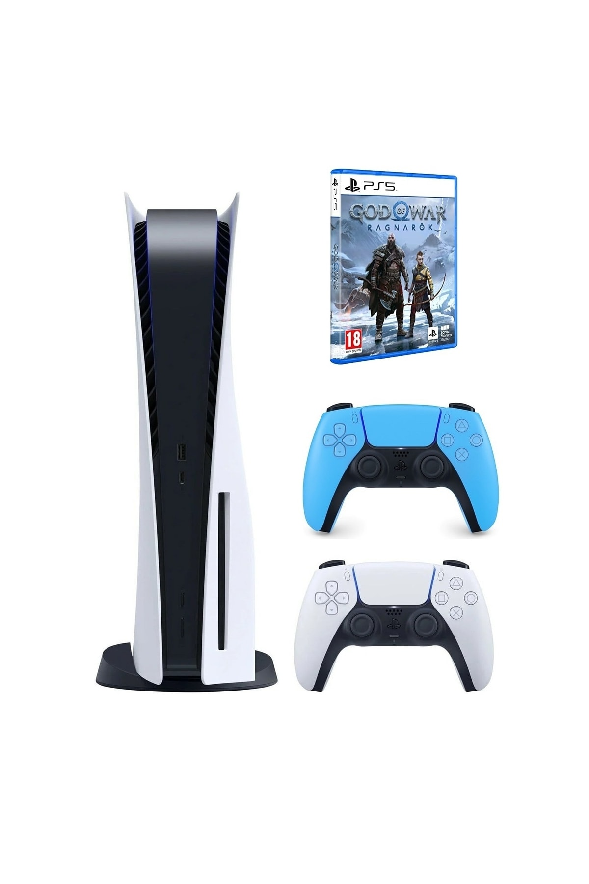 Beyaz ve siyah bir Playstation 5 konsolu, iki kontrolcü (mavi ve beyaz) ve bir God of War Ragnarok oyun kutusu.