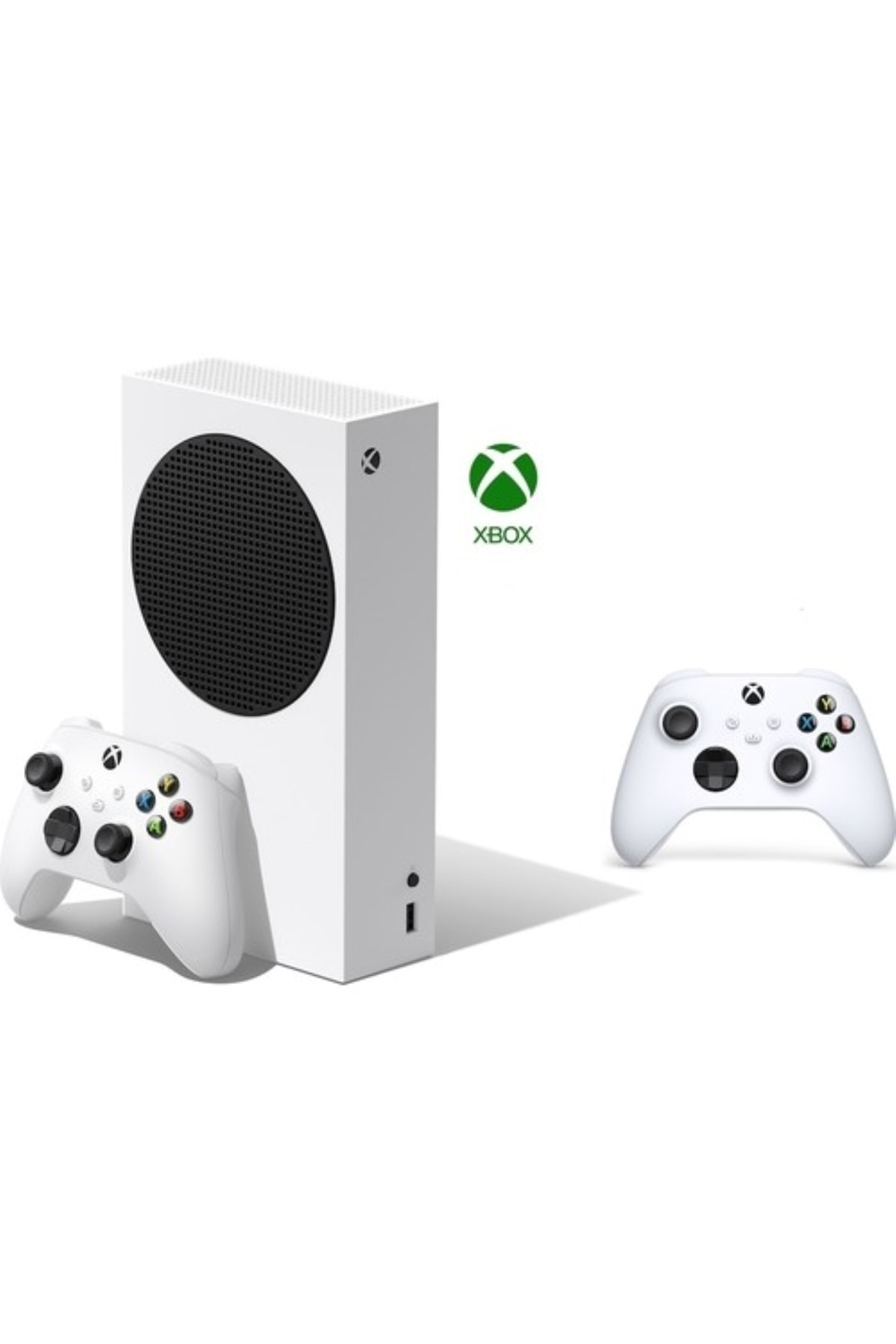 İki kontrolcüsü olan beyaz Xbox Series S konsolu. Bir kontrolcü konsolun önünde, diğeri sağda.