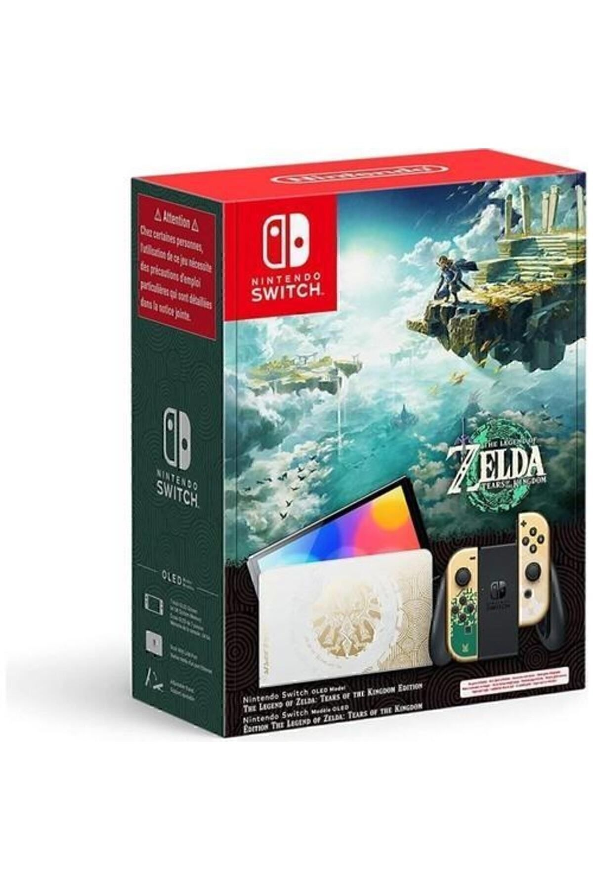 Nintendo Switch OLED kutusu. Zelda oyun sanatı içerir. Konsol, kontrolcüler ve oyun kartı içerir.