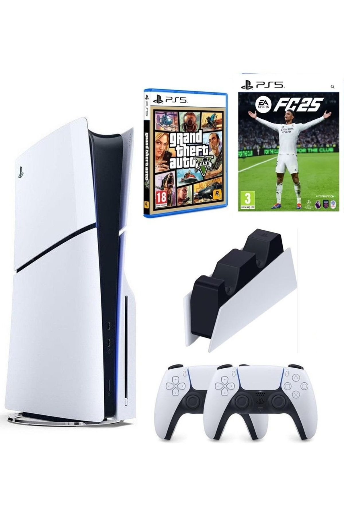 Beyaz bir PS5 konsolu, iki kontrolcü, bir oyun kutusu ve üzerinde futbolcu olan bir oyun kutusu görülebilir.