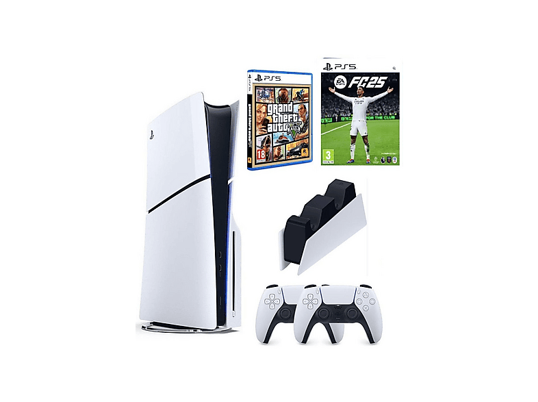 SONY 2. DualSense PS5 Kol + Şarj İstasyonu + Fifa FC 25 + GTA 5+PS5 Slim CD Edition (İthalatçı Garantili) Oyun Konsolu Beyaz