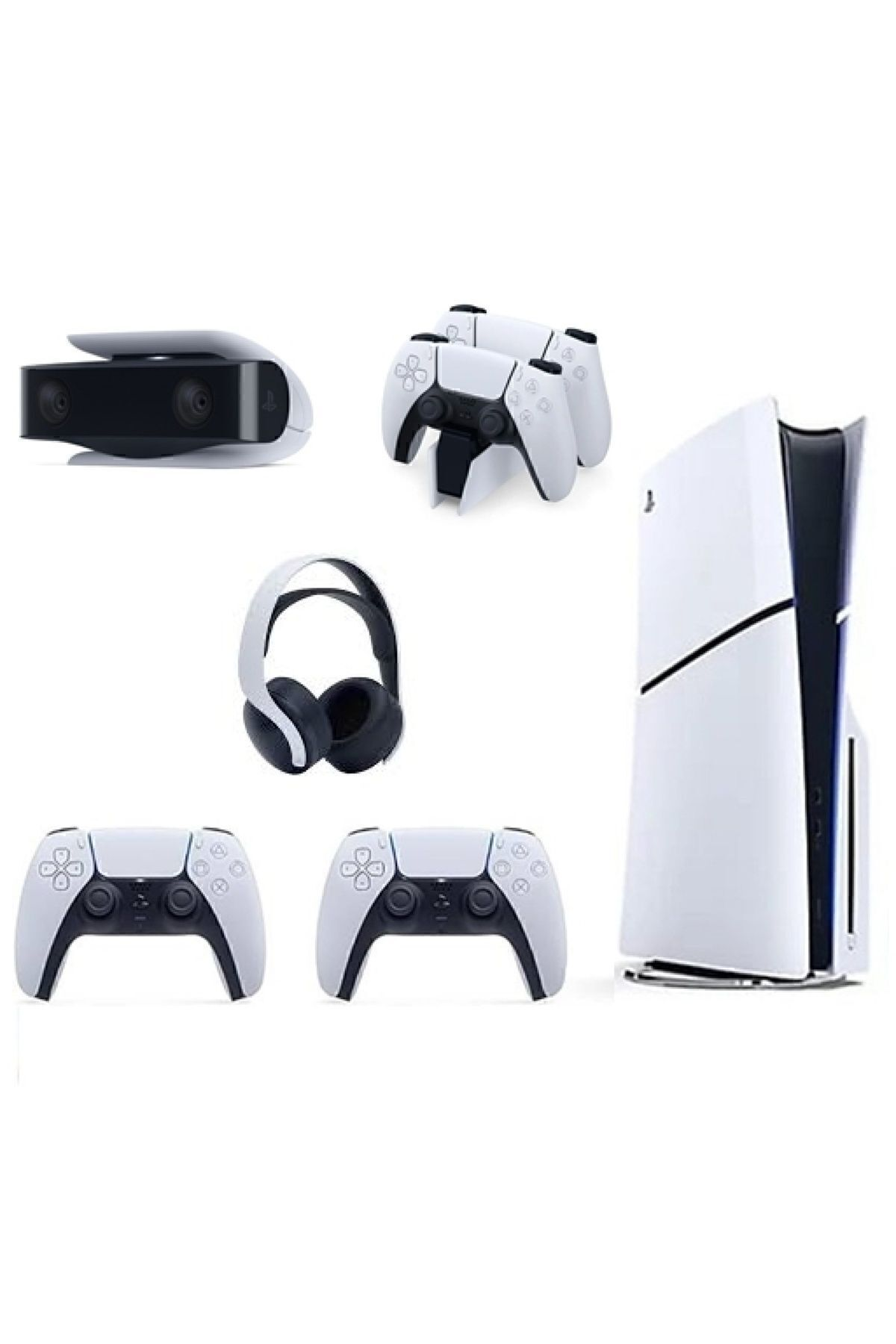 Beyaz bir Playstation 5 konsolu ve aksesuarları: kontrolcüler, kulaklık, kamera ve bir şarj istasyonu.