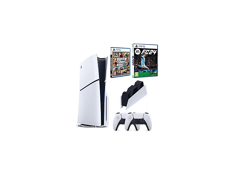 SONY 2. PS5 DualSense + Şarj + FC 24 + GTA 5 + Playstation 5 Slim Standart Edition (İthalatçı Garantili) Oyun Konsolu Beyaz