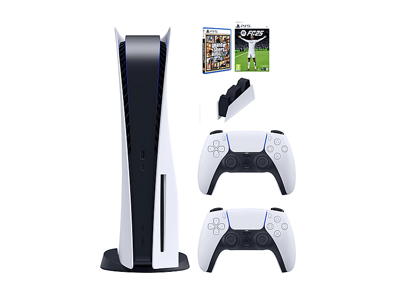SONY 2 Kol DualSense + PS5 FC25 + PS5 GTA V + Şarj istasyonu + PS5 Standart Cdli (İthalatçı Garantili) Oyun Konsolu Beyaz