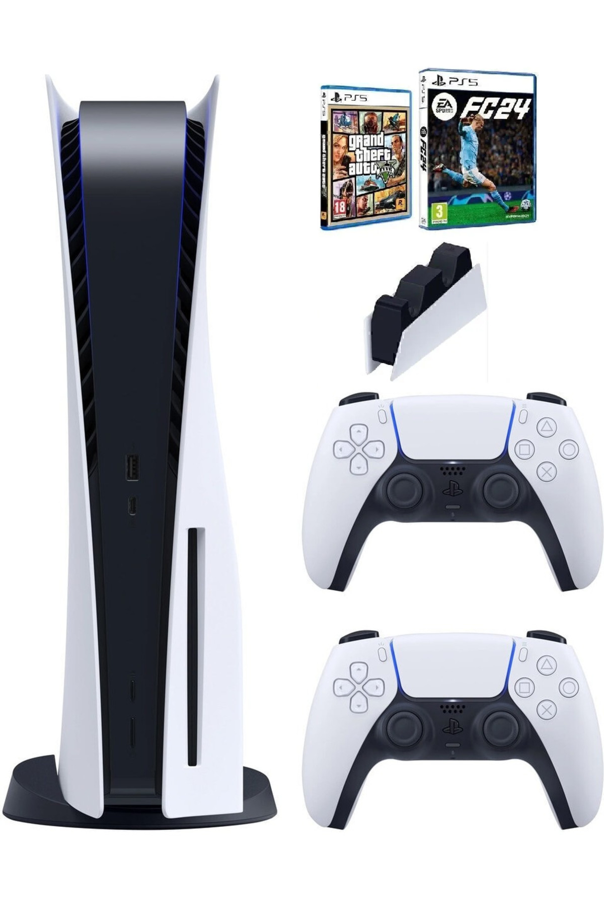 Beyaz bir arka plan üzerinde bir PS5 konsolu, iki kontrolcü, iki oyun kutusu (GTA, FC24) ve bir şarj istasyonu görüntüleniyor.