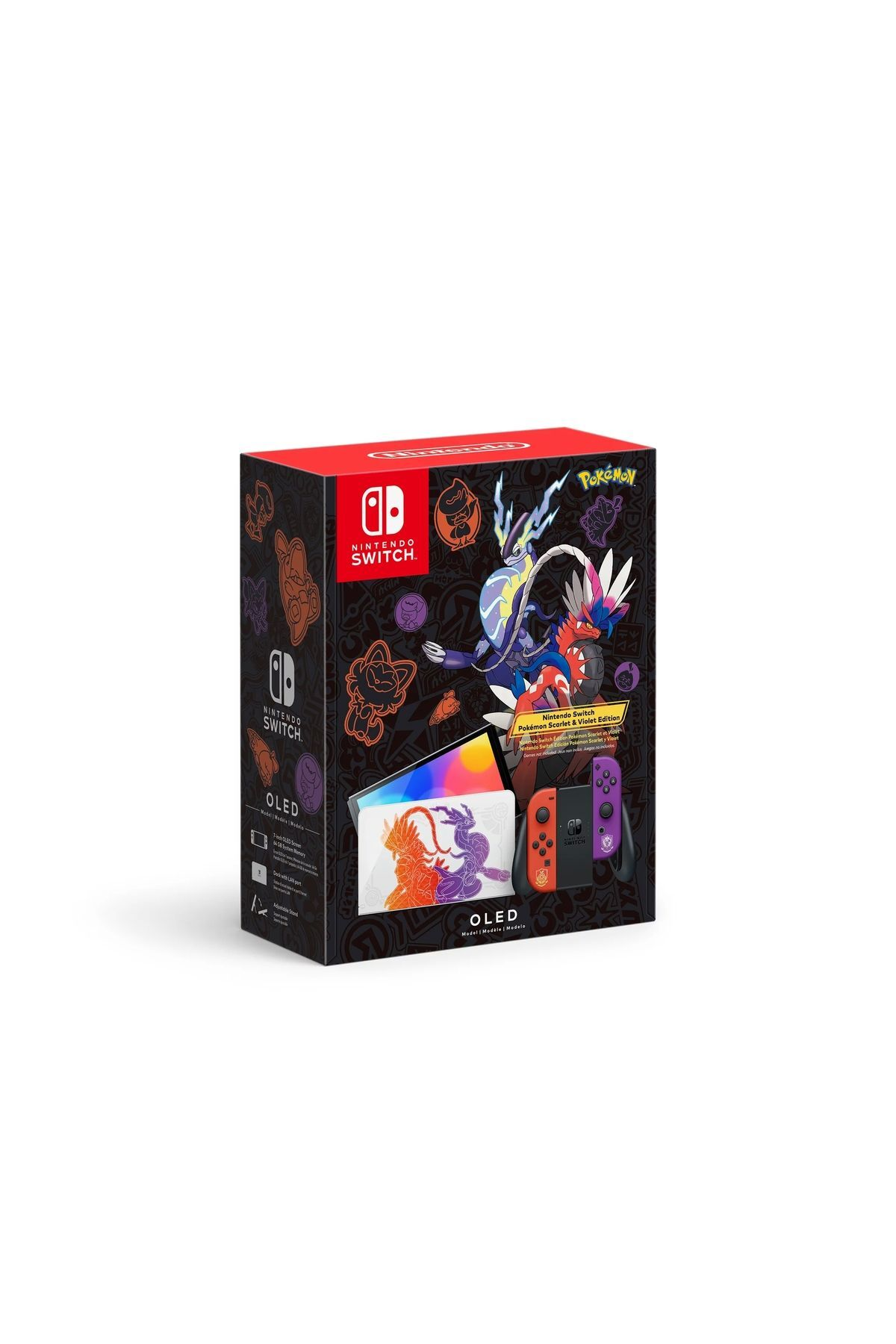 Nintendo Switch OLED kutusu. Pokémon Scarlet & Violet Edition tasarımı. Konsol, kumandalar ve aksesuarlar içerir.