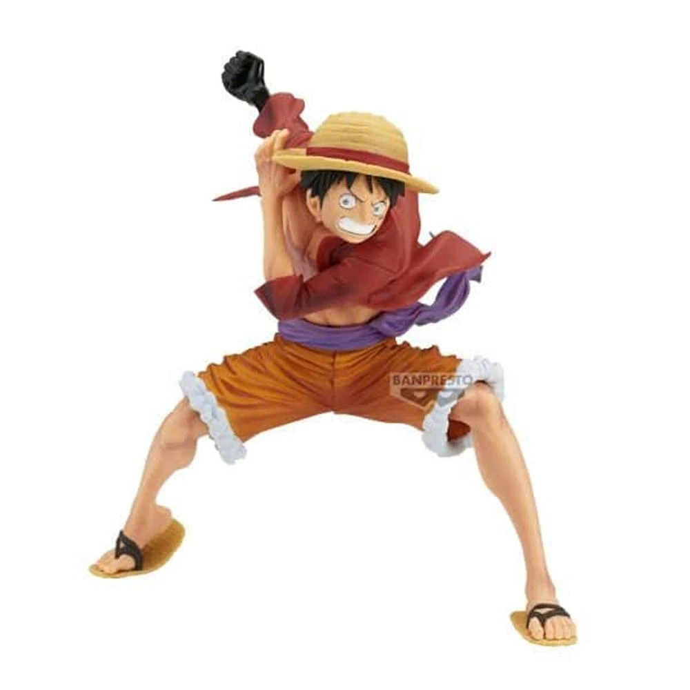 Anime-Figur einer Figur in Actionpose. Trägt einen Strohhut, rotes Hemd, orangefarbene Shorts und Sandalen. Weißer Hintergrund.