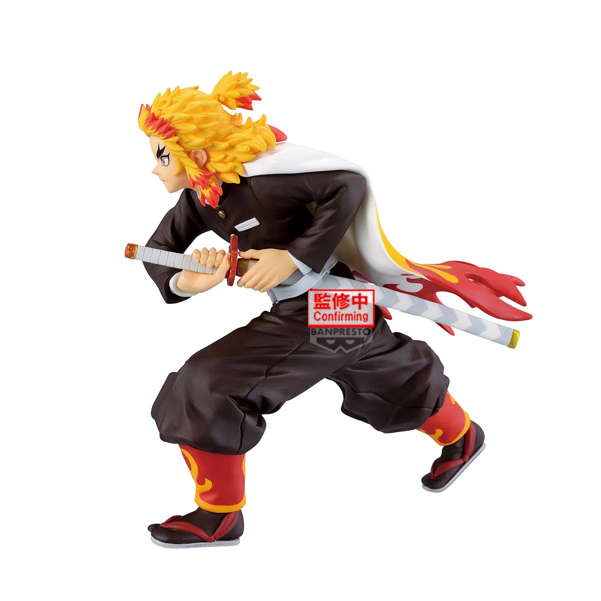 Anime-Figur einer Figur mit stacheligem, gelbem Haar, die ein Schwert hält. Er trägt eine dunkle Uniform und einen weißen Umhang mit roten Flammen.