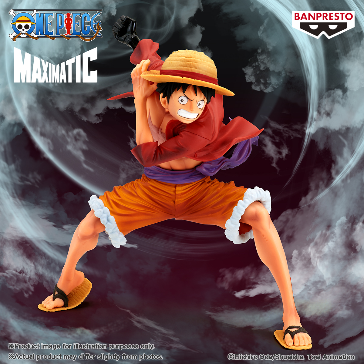 Figur von Ruffy aus One Piece, mit Strohhut, rotem Hemd und orangefarbenen Shorts, entschlossener Gesichtsausdruck, dynamische Pose.
