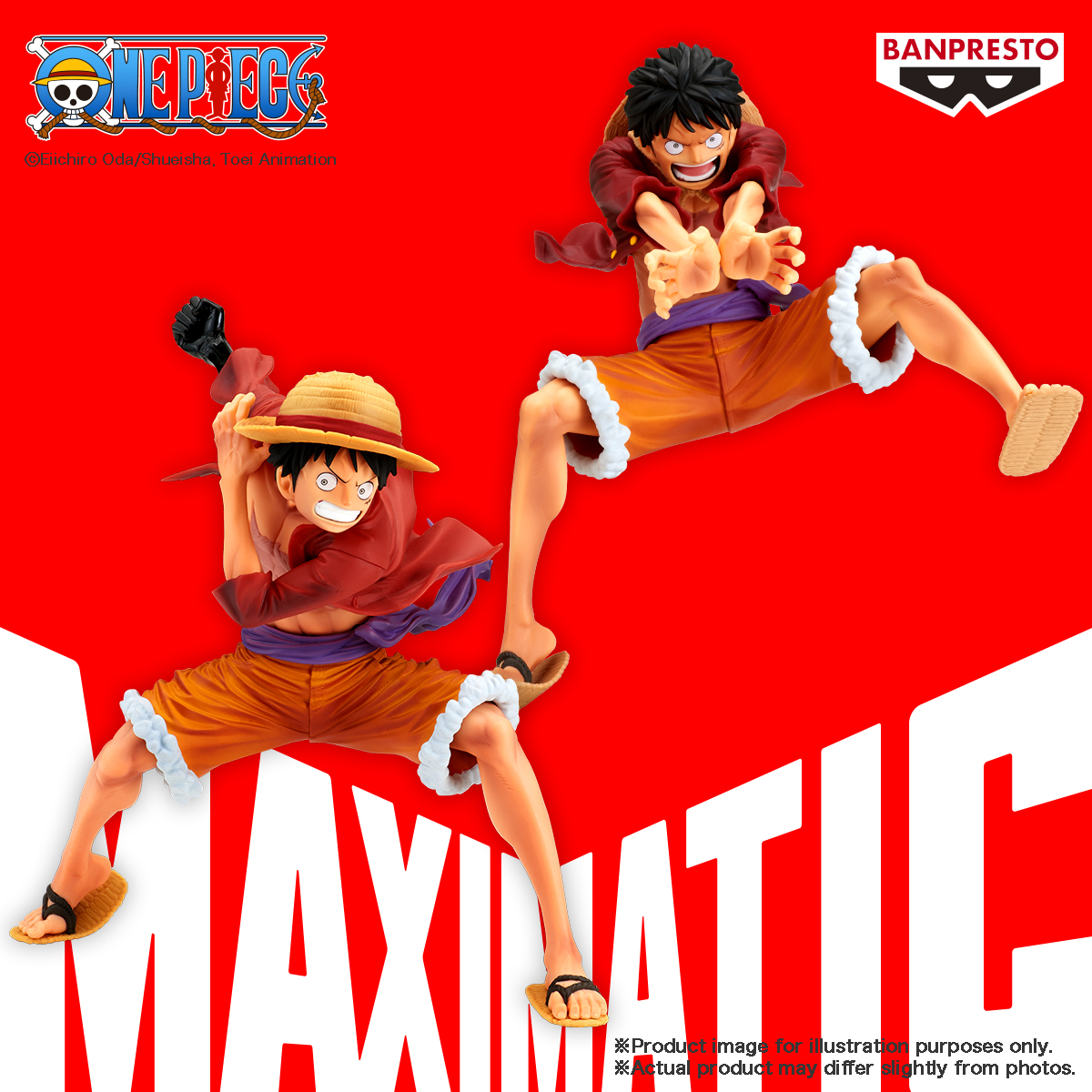 Due figure di Luffy in pose d'azione su sfondo rosso. Indossano cappelli di paglia, camicie rosse, pantaloncini arancioni e sandali.