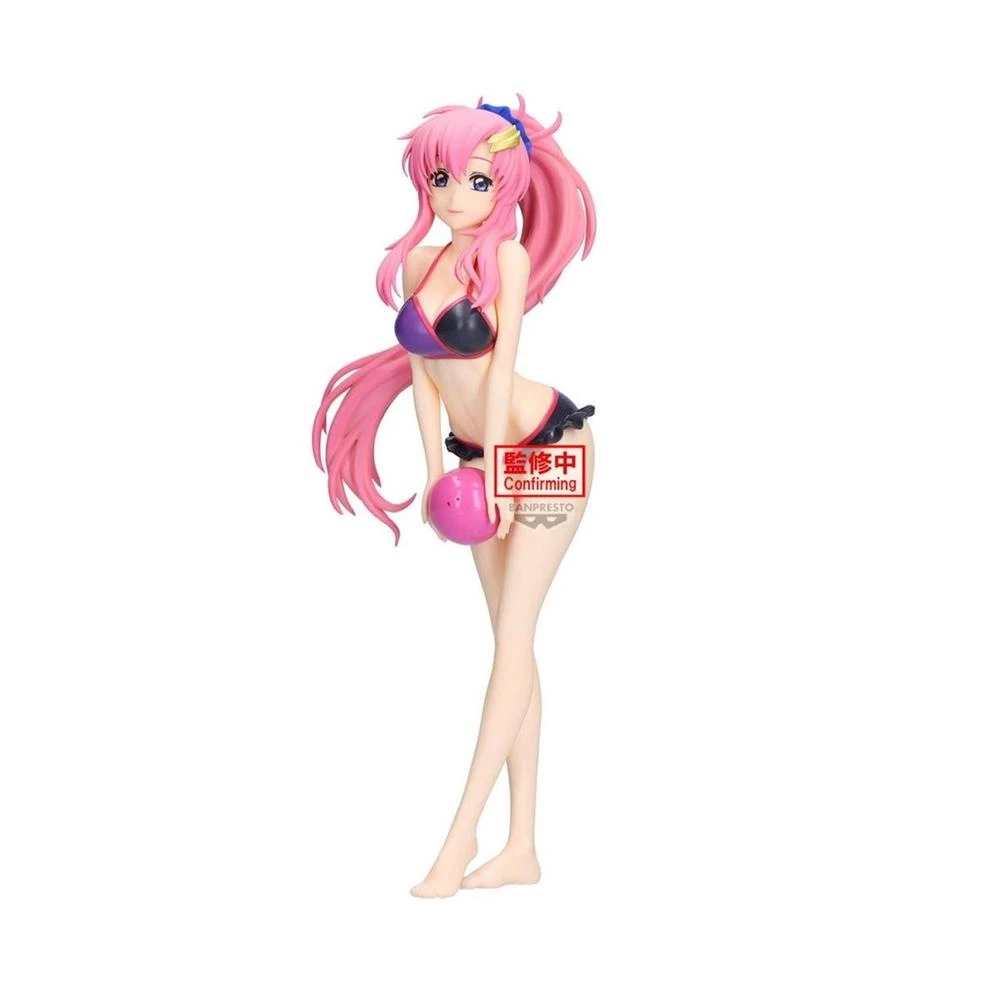 Figurina anime di una donna in bikini con una palla rosa. Ha i capelli rosa e si trova su uno sfondo bianco.