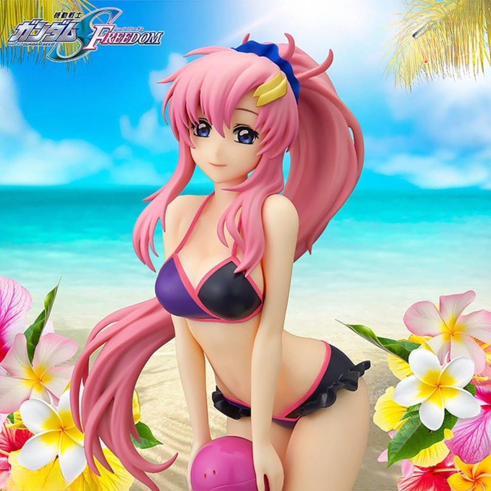Ragazza anime in bikini sulla spiaggia, con una palla rosa. Capelli rosa, occhi blu, circondata da fiori e sfondo oceanico.