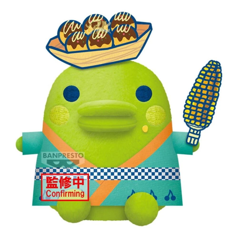 Ein grüner Cartoon-Charakter mit Takoyaki auf dem Kopf und Mais in der Hand. Er trägt eine Uniform und hat ein 'Bestätigen'-Schild.