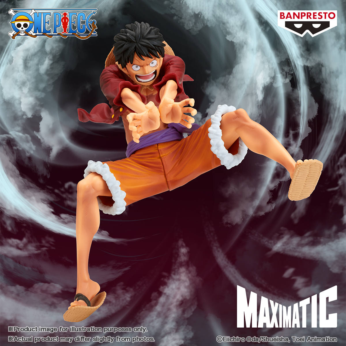 Una statuetta di Monkey D. Luffy in azione, con pantaloncini arancioni, una camicia rossa e un cappello di paglia, in una posa dinamica su uno sfondo a vortice.