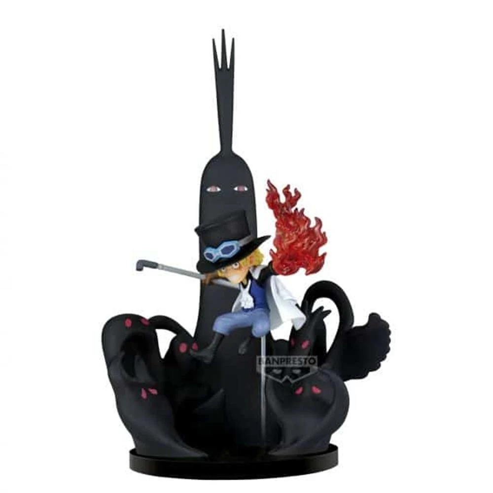 Figur eines Charakters mit Hut und Brille, Flammen und einem dunklen, abstrakten Hintergrund mit schwarzen Formen und roten Akzenten.