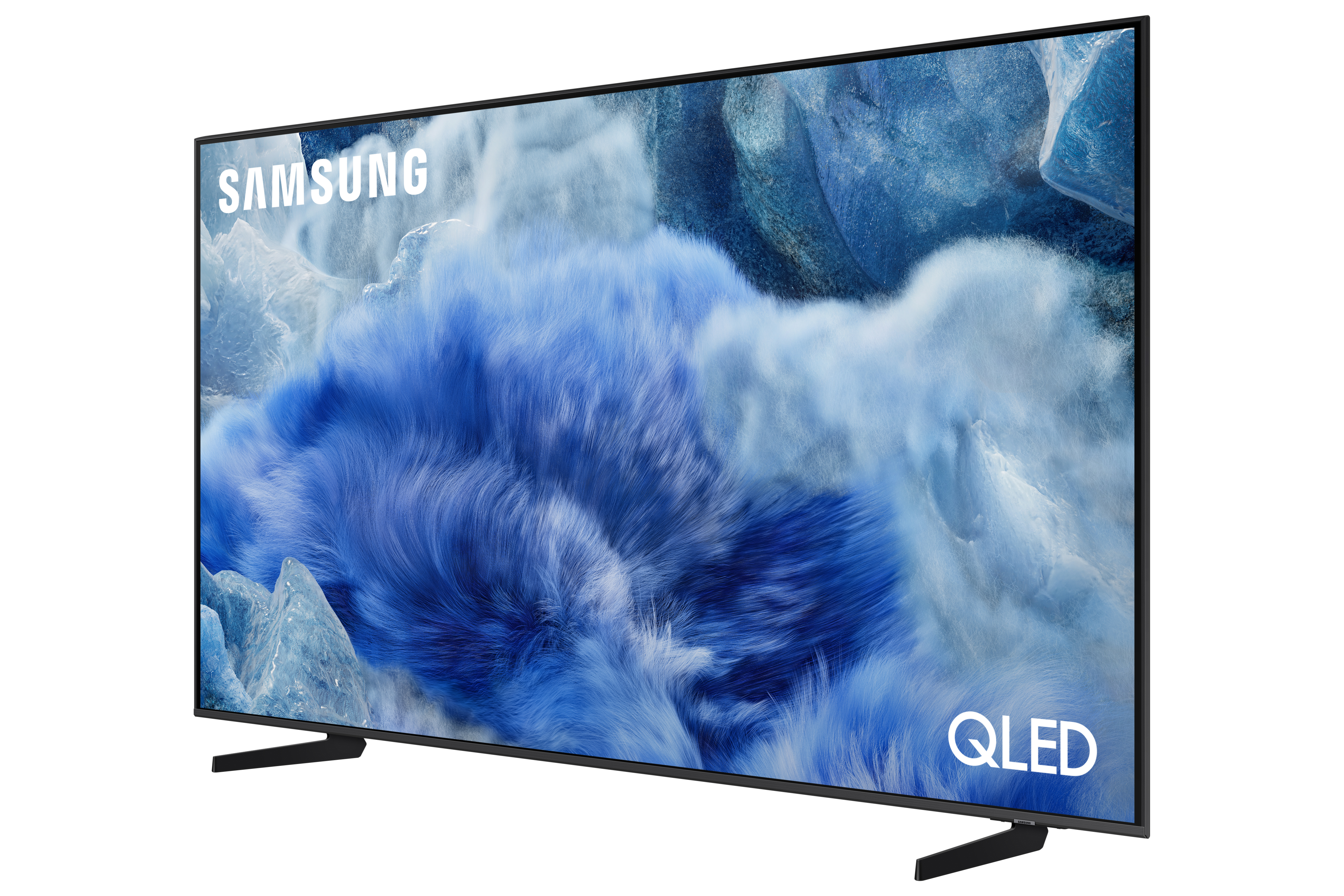 Telewizor Samsung QLED wyświetla niebieski obraz przypominający chmurę. Telewizor jest pochylony i ma dwie czarne nóżki.