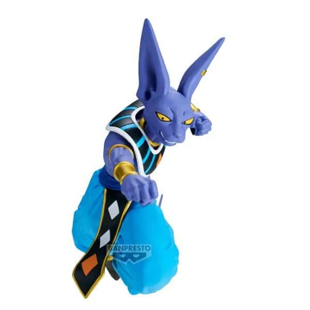 Eine lila Anime-Figur mit großen Ohren. Sie trägt eine blaue Hose, eine schwarz-weiße Weste und goldene Armbänder. Die Figur ist in Aktion.