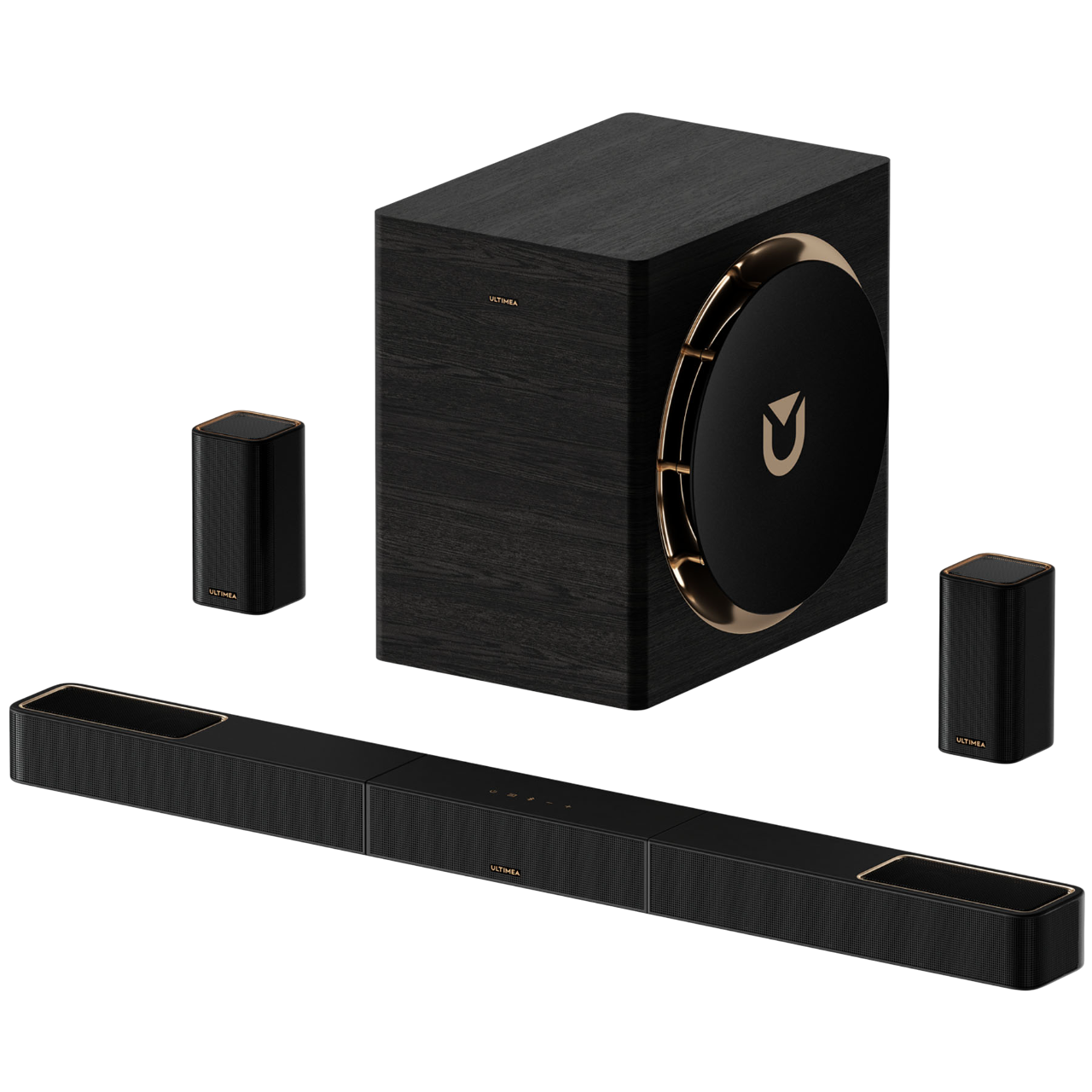 Czarny system dźwiękowy na czarnym tle. Zawiera subwoofer, dwa głośniki i soundbar. Widoczne są złote akcenty.