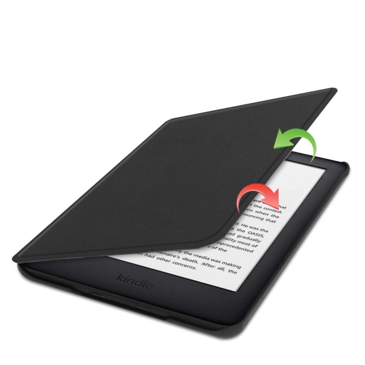 Ein schwarzer Kindle-E-Reader mit geöffneter Hülle, der den Bildschirm freigibt. Grüne und rote Pfeile zeigen das Öffnen und Schließen an.