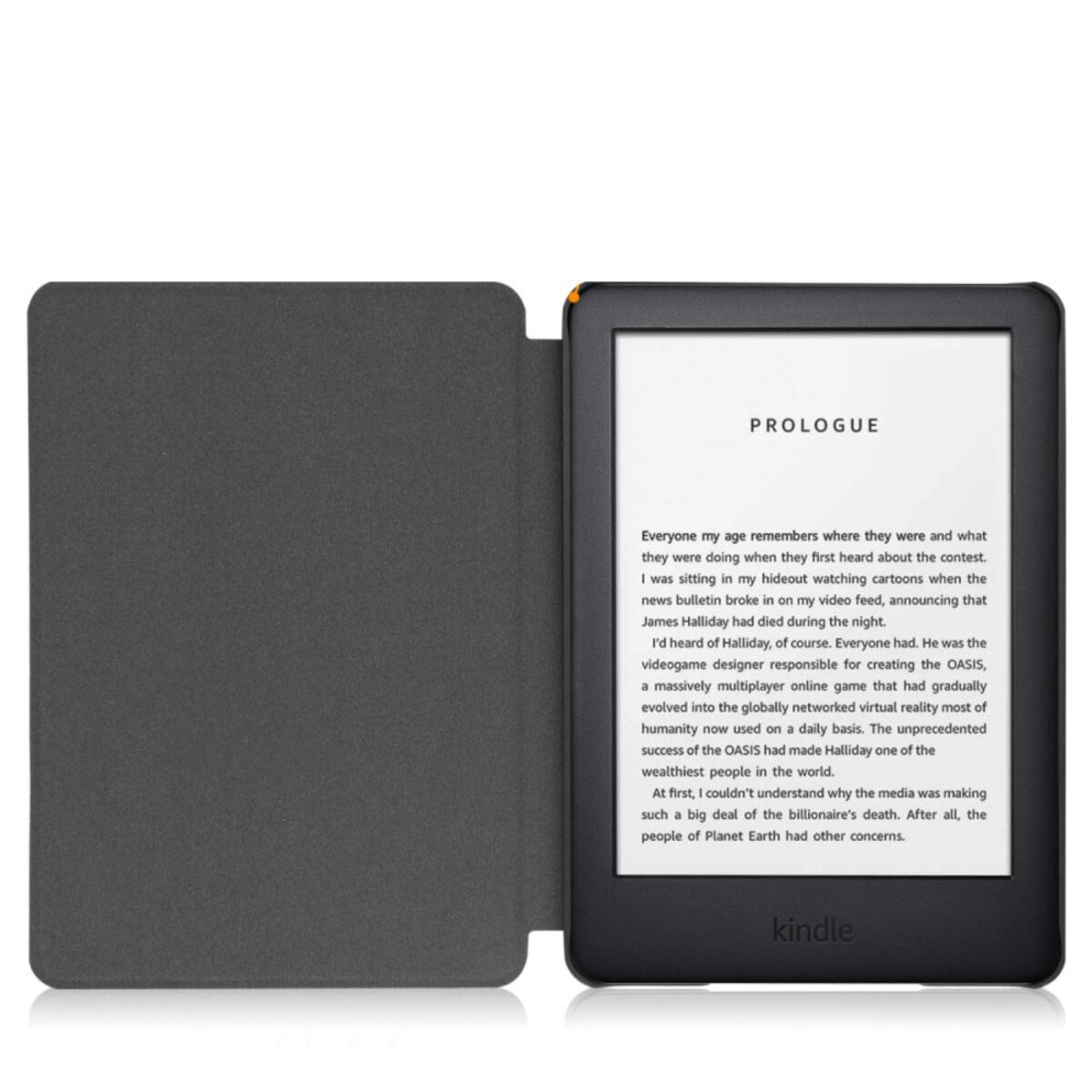 Kindle-E-Reader ist geöffnet und zeigt Text an. Die Hülle ist dunkelgrau. Auf dem Bildschirm steht PROLOGUE.