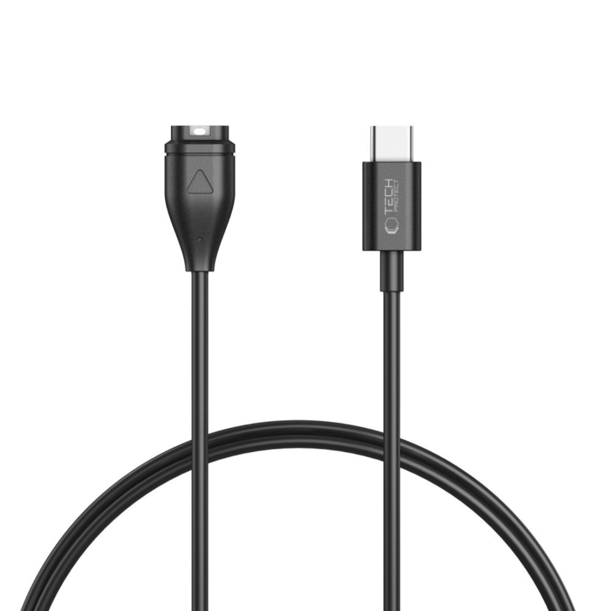 Een zwarte oplaadkabel met twee verschillende connectoren aan elk uiteinde. Eén is een horlogelader, de andere een USB-C-connector.