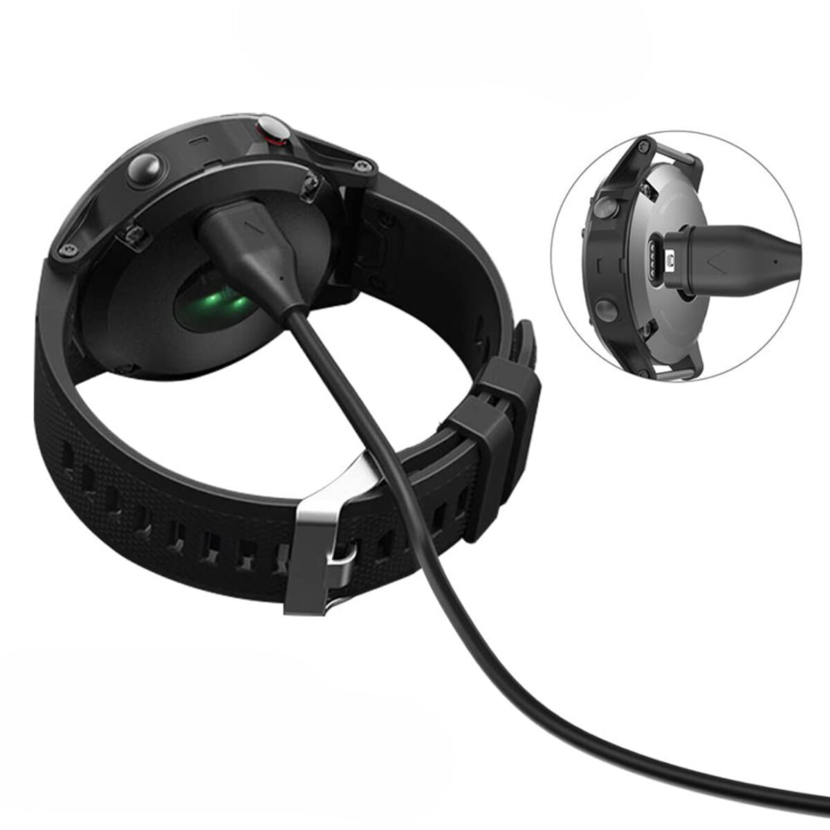 Een zwarte smartwatch wordt opgeladen. Een los horloge toont de oplaadpoort. Een kabel verbindt het horloge.