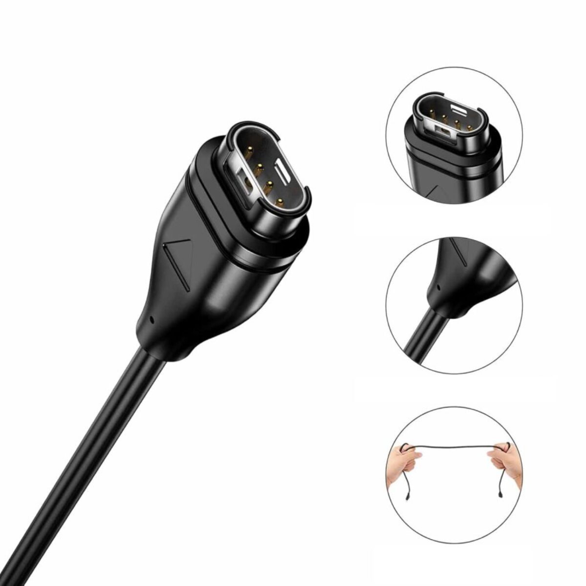 Zwarte oplaadkabel met connector, gedetailleerde weergaven. Connector heeft pinnen. Verschillende gedetailleerde cirkelvormige inzetstukken tonen delen van de kabel.