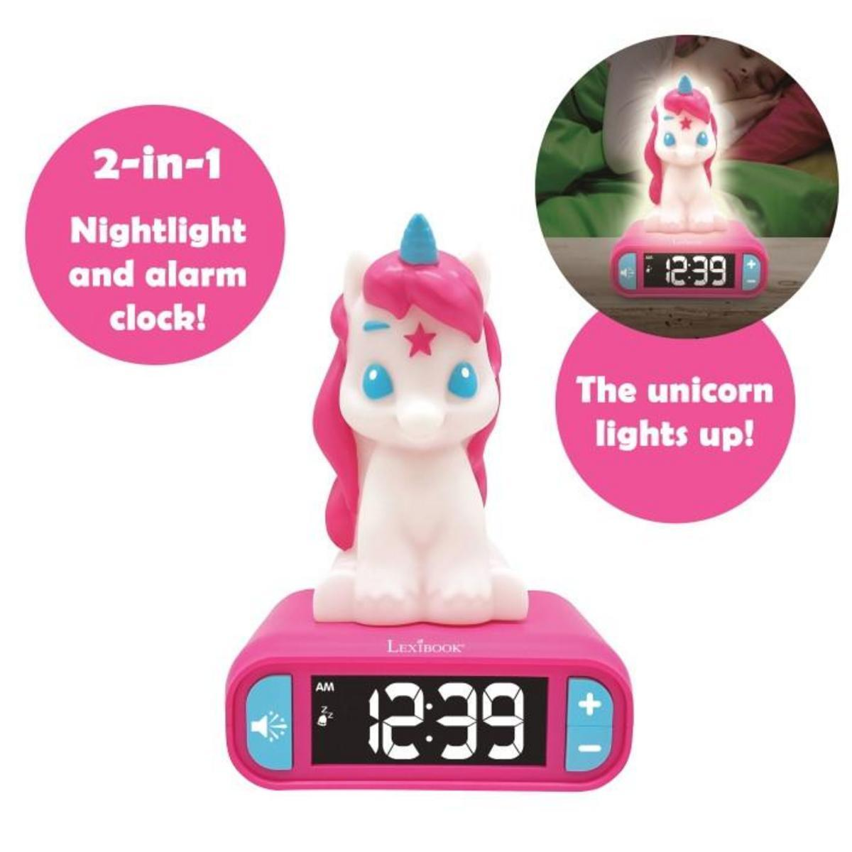 Una sveglia rosa con un unicorno sopra. L'orologio segna 12:39. Il testo dice '2-in-1 Luce notturna e sveglia!'