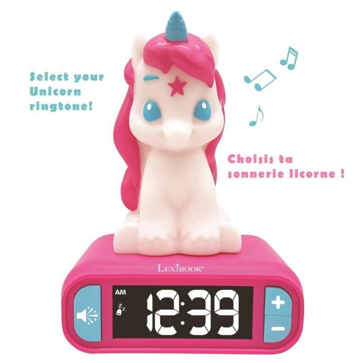 Una sveglia rosa con un unicorno sopra che mostra le 12:39. Il testo dice 'Select your Unicorn ringtone!' e 'Choisis ta sonnerie licorne !'.