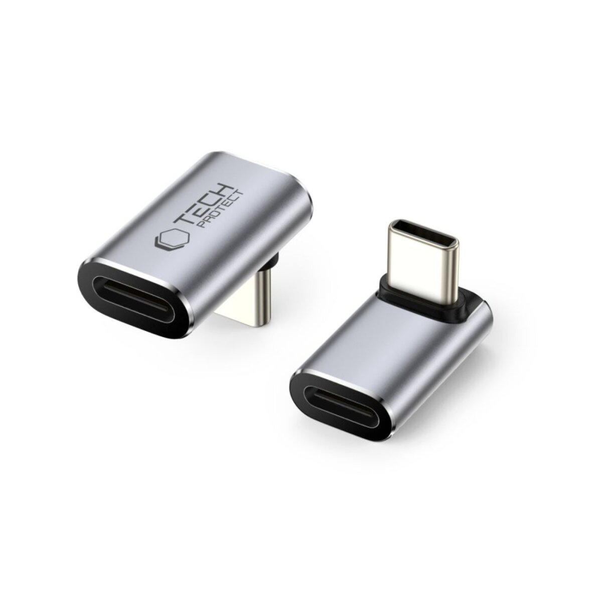 Deux adaptateurs USB-C argentés sur fond blanc. L'un est coudé, l'autre droit. Les deux ont le logo "TECH PROTECT".