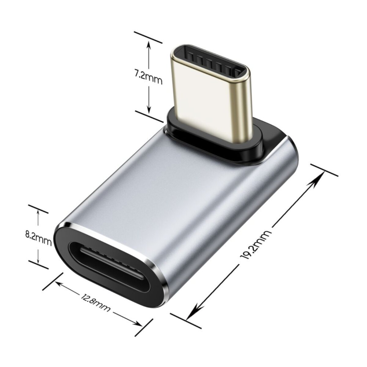 Adaptateur USB-C argenté avec dimensions : 19,2 mm de long, 12,8 mm de large, 8,2 mm de haut. Connecteur doré en haut.