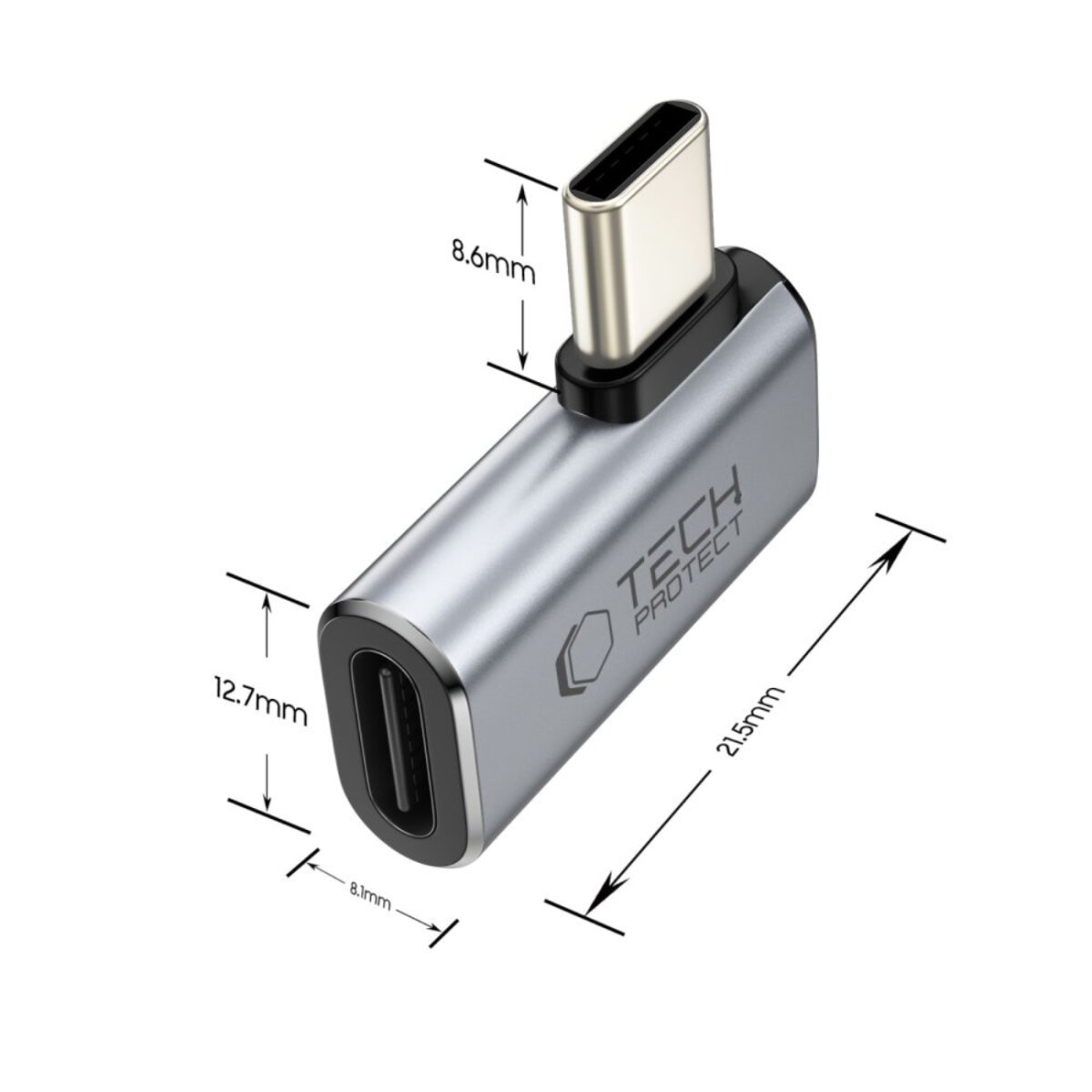 Een zilveren USB-C-adapter met afmetingen. Het heeft een haakse vormgeving en het merk "TECH PROTECT" is zichtbaar.