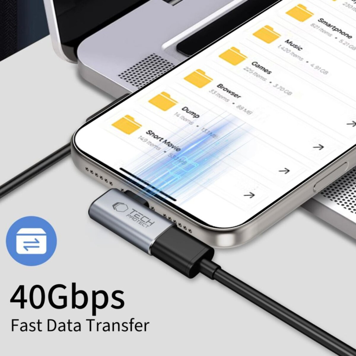 Een telefoon aangesloten op een laptop via een USB-kabel. Het telefoonscherm toont mappen. Tekst: 40 Gbps snelle gegevensoverdracht.