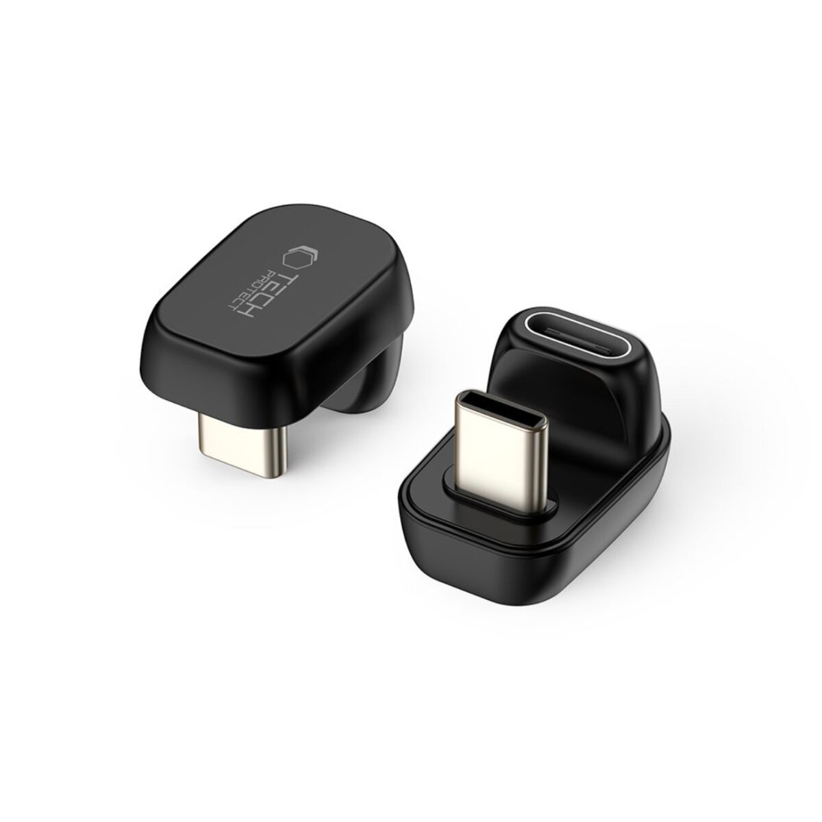 Twee zwarte Tech Protect USB-C adapters op een witte achtergrond. Eén staat rechtop, de andere ligt op zijn kant.