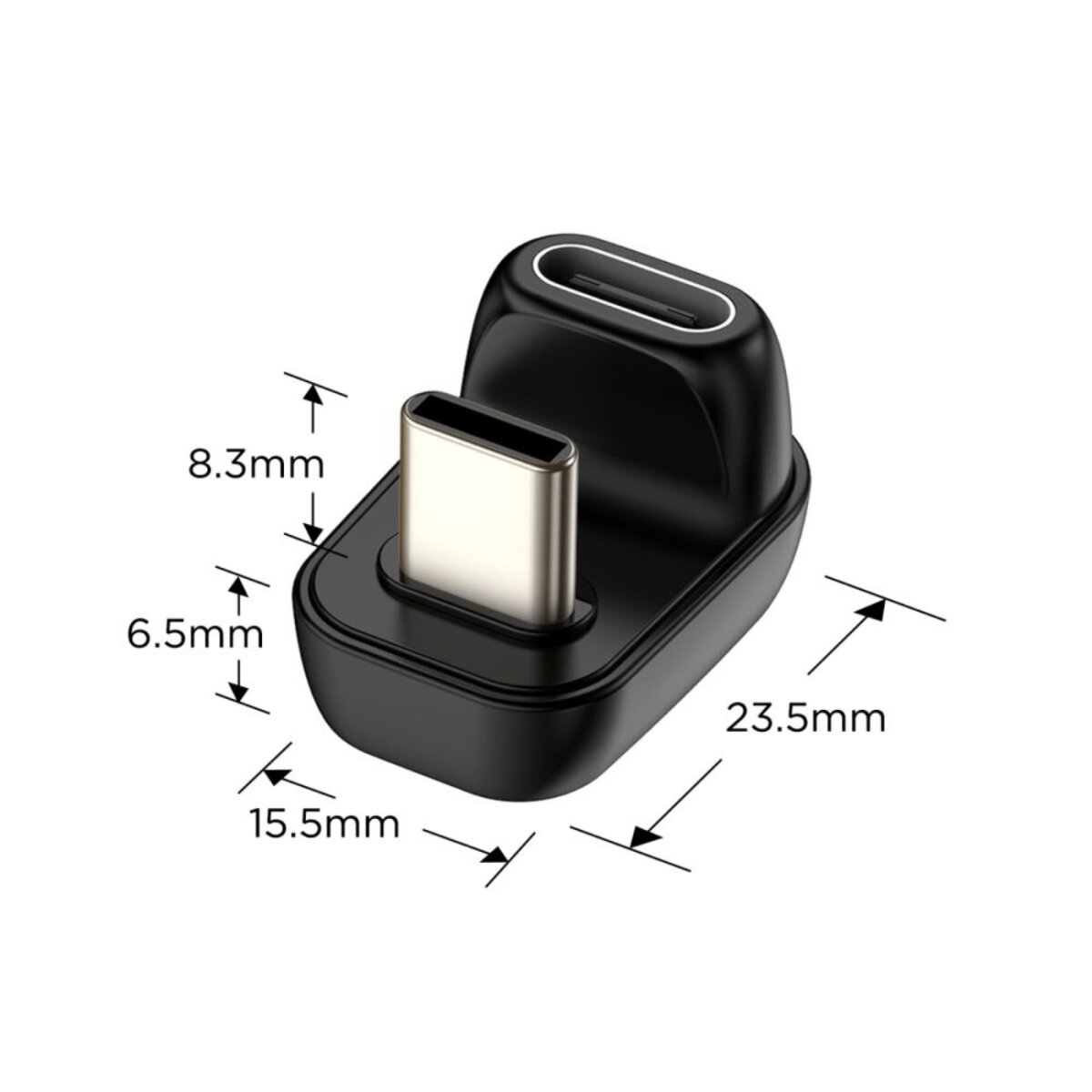 Zwarte USB-C-adapter met zilveren connector, afmetingen: 23,5 mm, 15,5 mm, 8,3 mm en 6,5 mm. Witte achtergrond.
