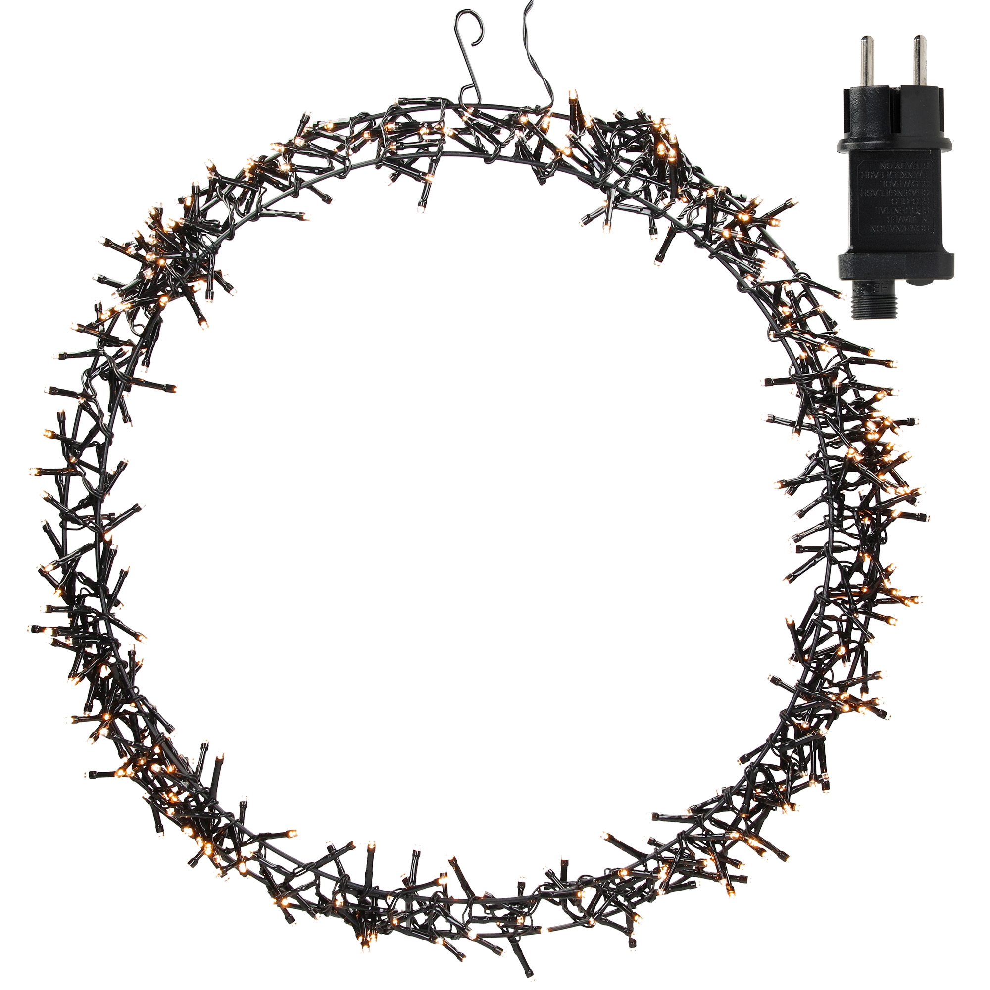 Ein kreisförmiger Lichterkettenstrang, schwarze Drähte mit warmweißen Glühbirnen. Rechts ist ein Stecker. Der Hintergrund ist weiß.