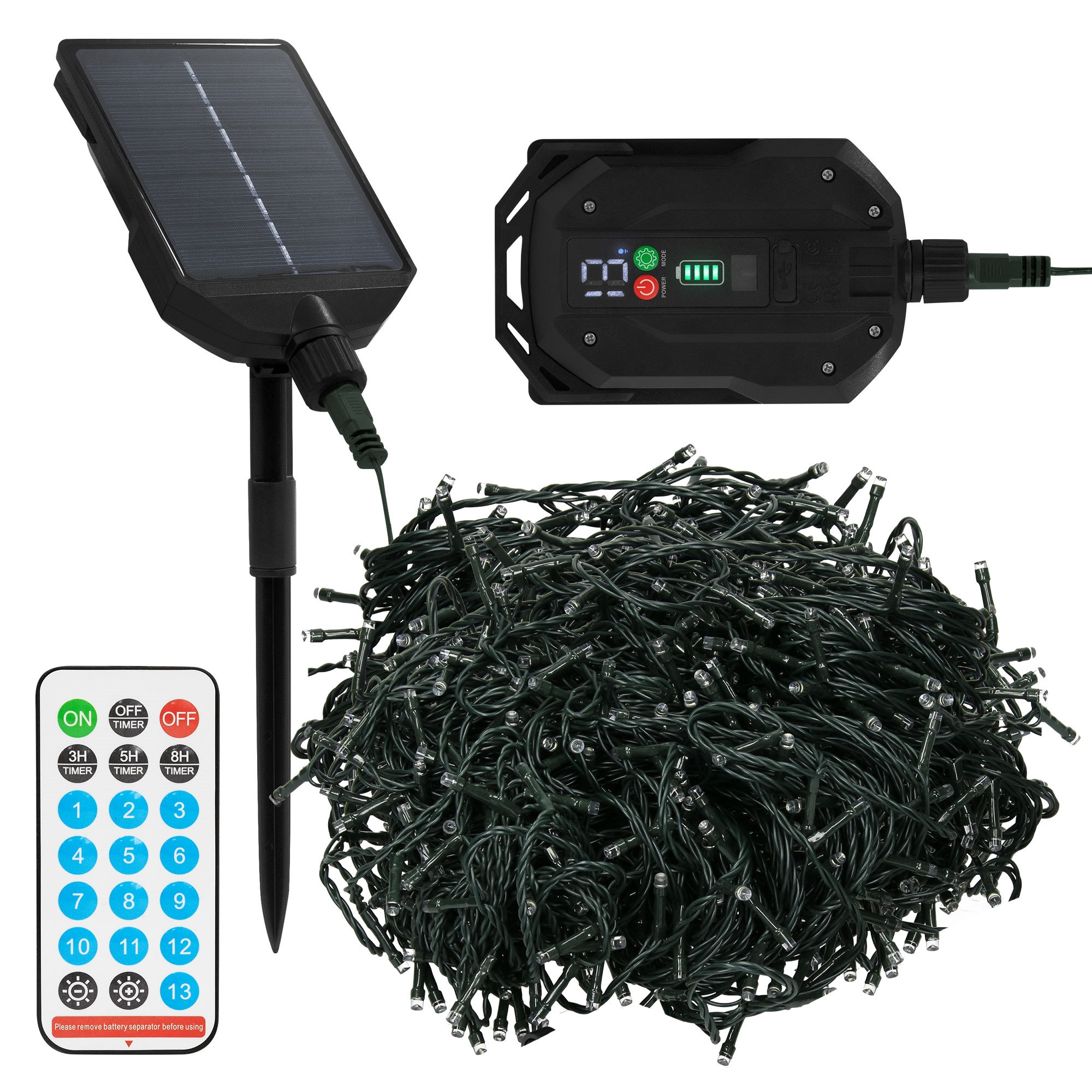 Solarbetriebene Weihnachtsbeleuchtung mit Panel, Akkupack, Fernbedienung und einem Bündel grüner Lichter.