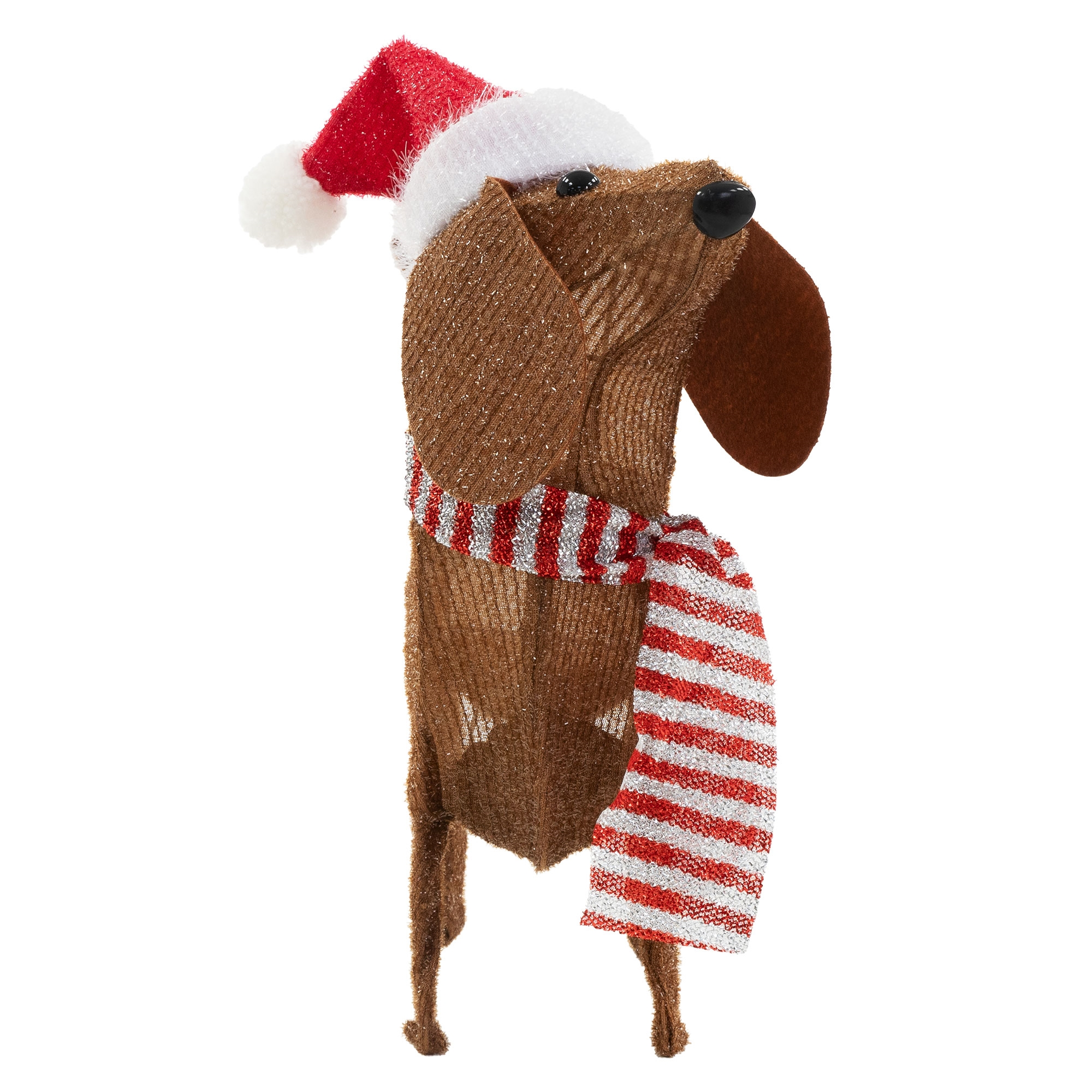 Eine braune Dackel-Figur mit Weihnachtsmütze und rot-silber gestreiftem Schal auf weißem Hintergrund.