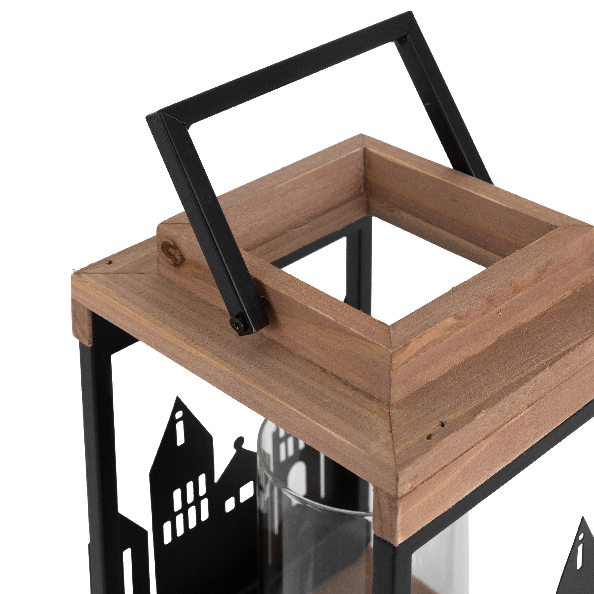 Eine dekorative Laterne mit Holzaufsatz, schwarzem Metallrahmen und Griff. Im Inneren befindet sich ein Glaszylinder für eine Kerze.
