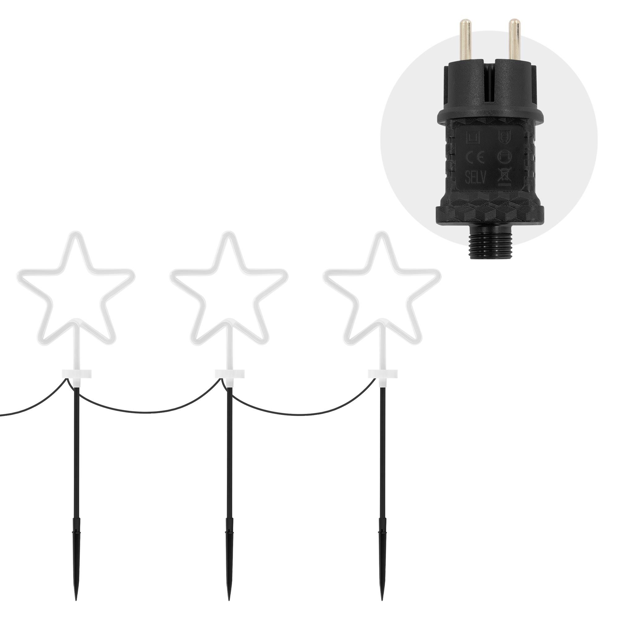Drei weiße sternförmige Lichter auf schwarzen Pfählen, verbunden mit einem schwarzen Draht, mit einem schwarzen Stecker rechts oben.