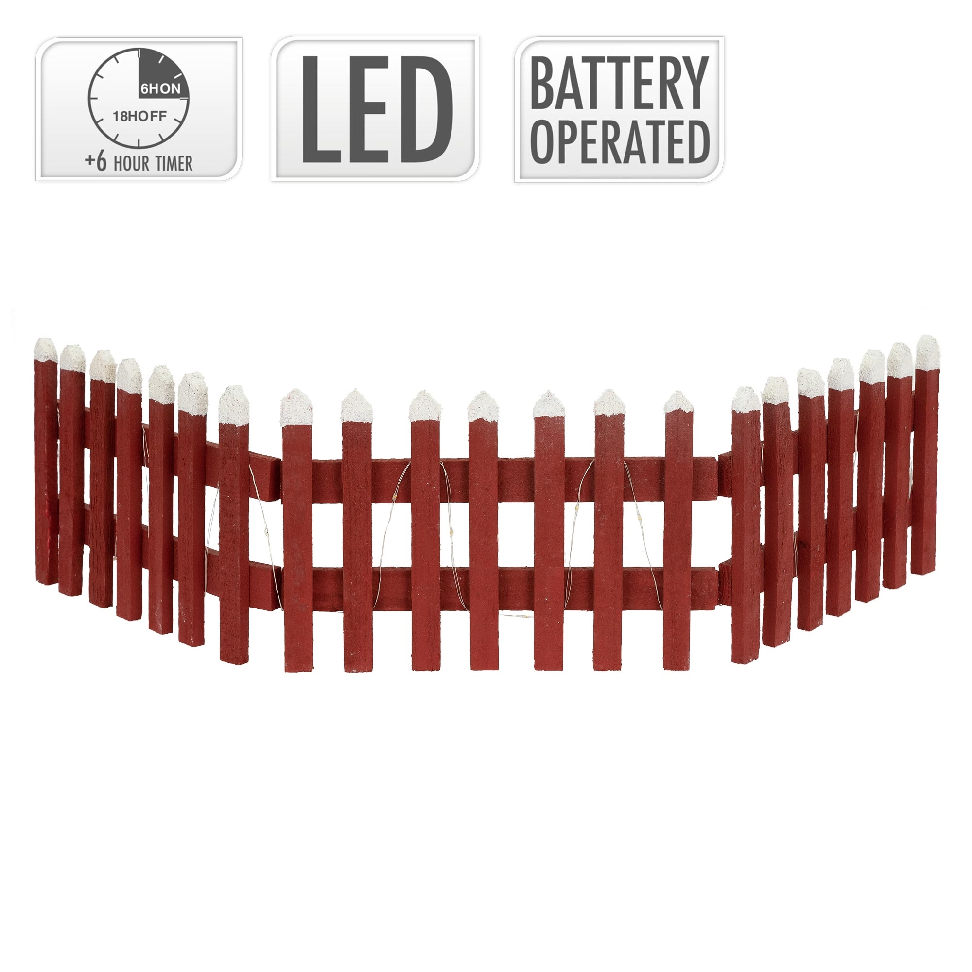 Ein roter Holzzaun mit weiß getippten Pfosten. Er ist batteriebetrieben und hat einen Timer. Text lautet 'LED' und 'Battery Operated'.