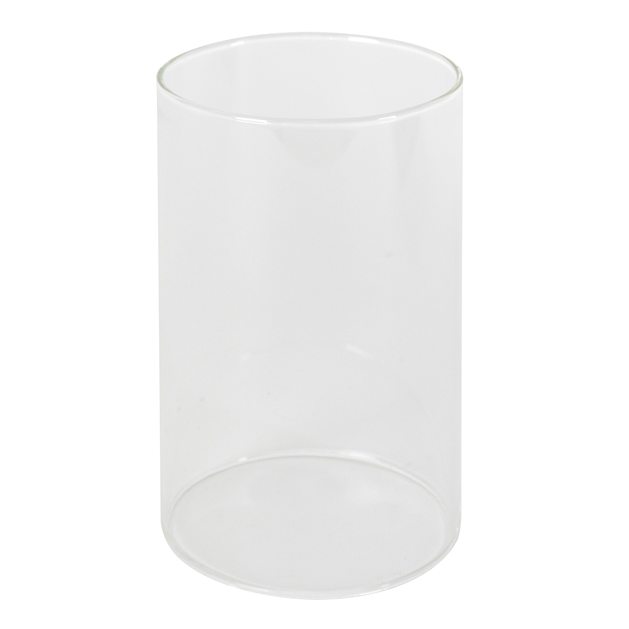 Ein klarer, zylindrischer Glasbehälter, der vor einem weißen Hintergrund zentriert ist. Das Glas ist transparent und leer.