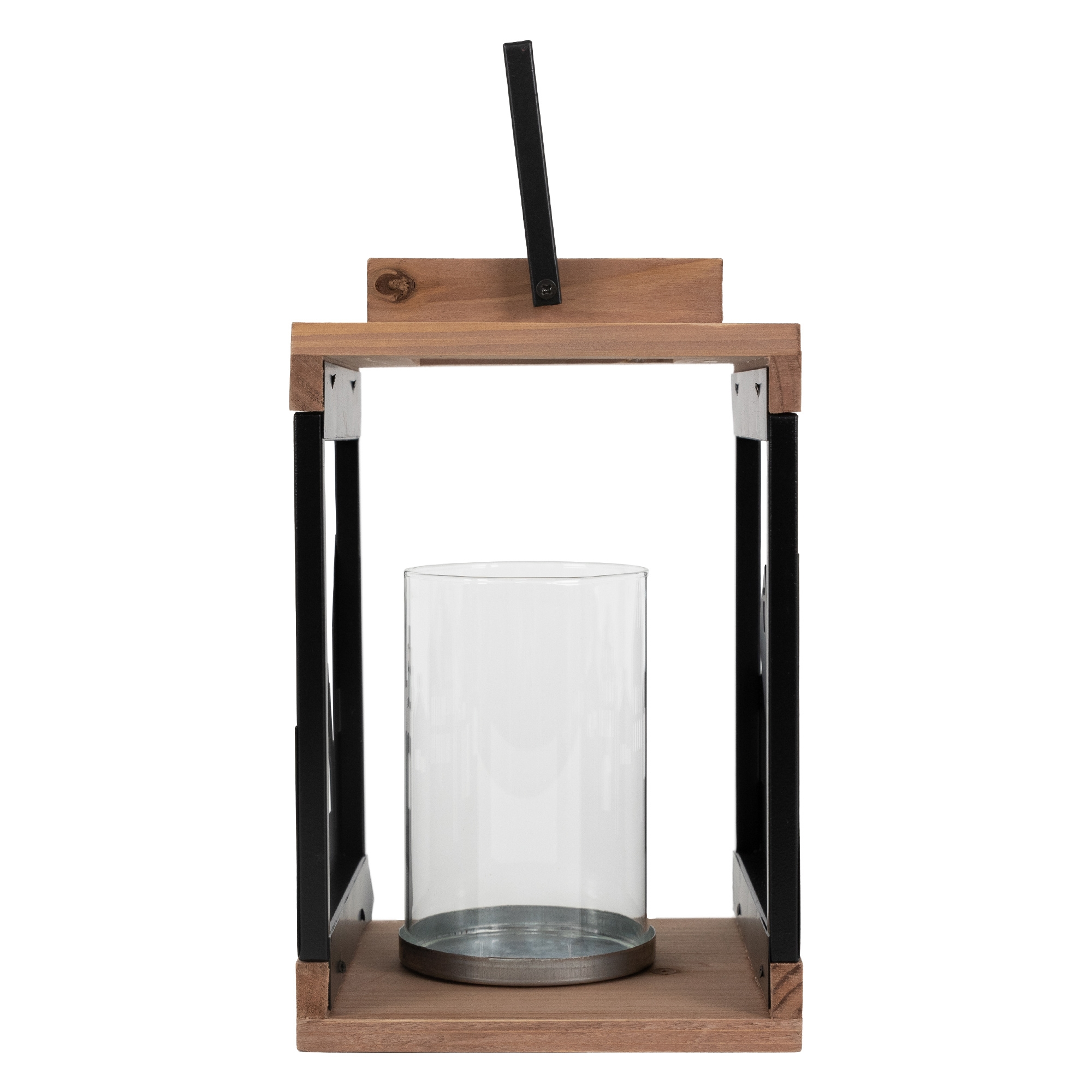 Eine dekorative Laterne mit Holzrahmen, schwarzen Metallakzenten und einem Glaszylinder im Inneren. Sie hat einen Griff.
