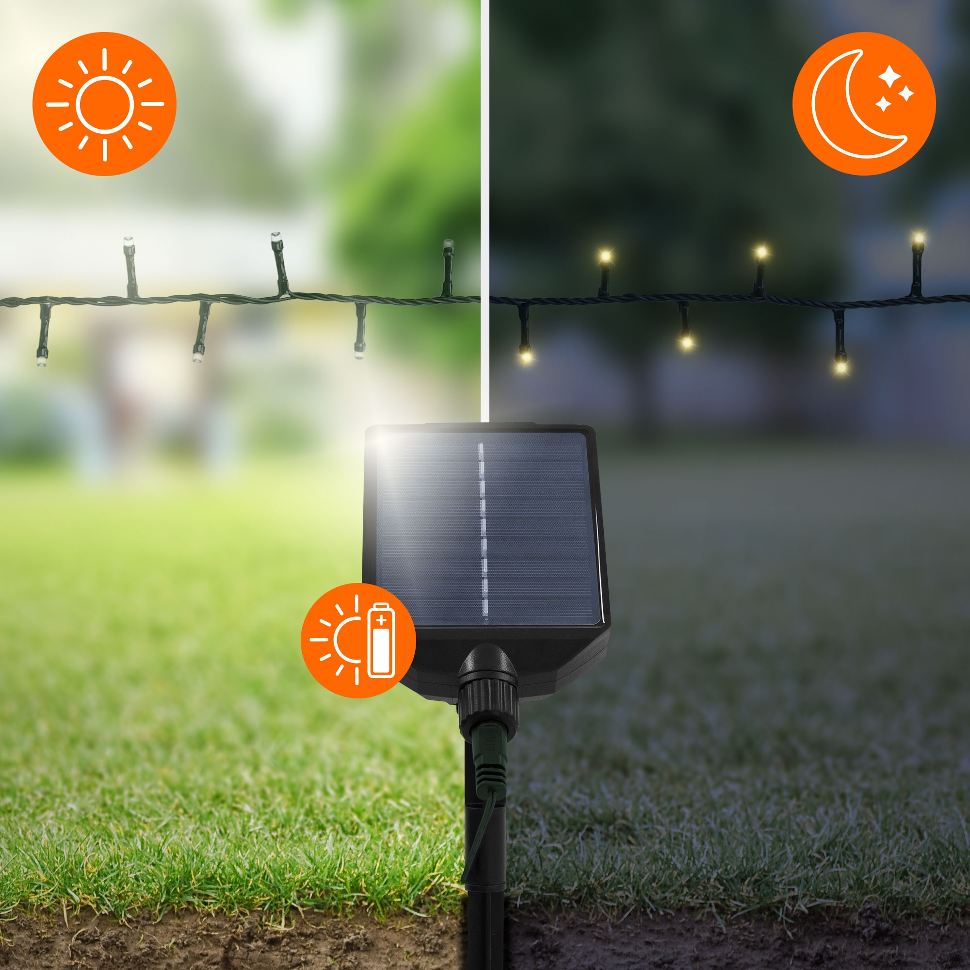 Solarbetriebene Lichterkette. Tag- und Nachtszenen. Sonnen- und Mondsymbole. Grünes Gras und Ladeanzeige.