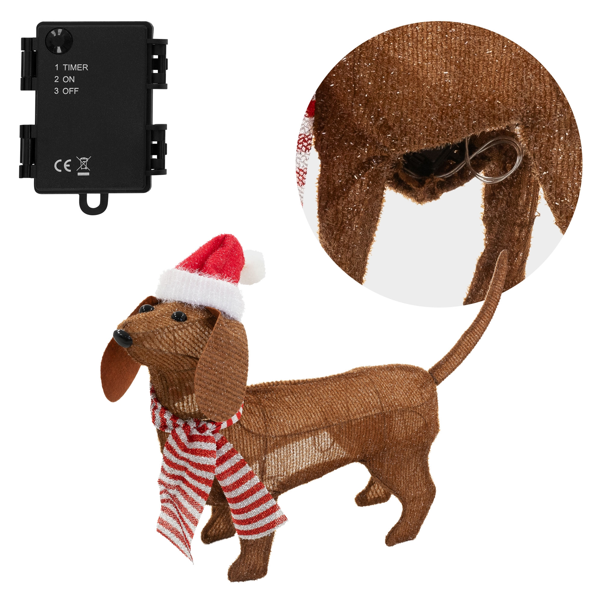 Eine braune Dackel-Dekoration mit Weihnachtsmütze und Schal, neben einer schwarzen Timer-Box.