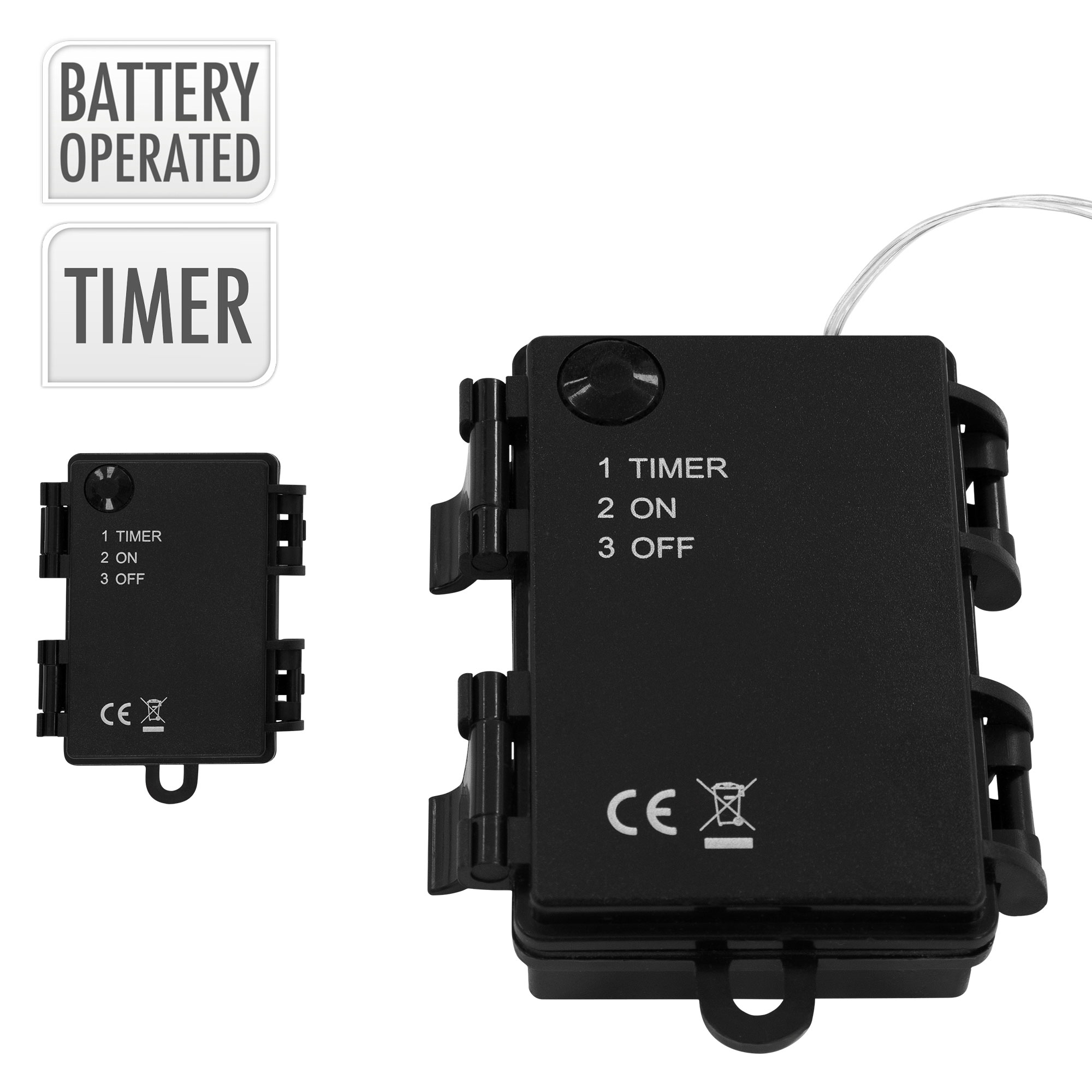 Das Bild zeigt einen schwarzen batteriebetriebenen Timer. Zwei Timerboxen sind sichtbar. Eine ist kleiner. Beide haben Einstellungen für Timer, Ein und Aus.