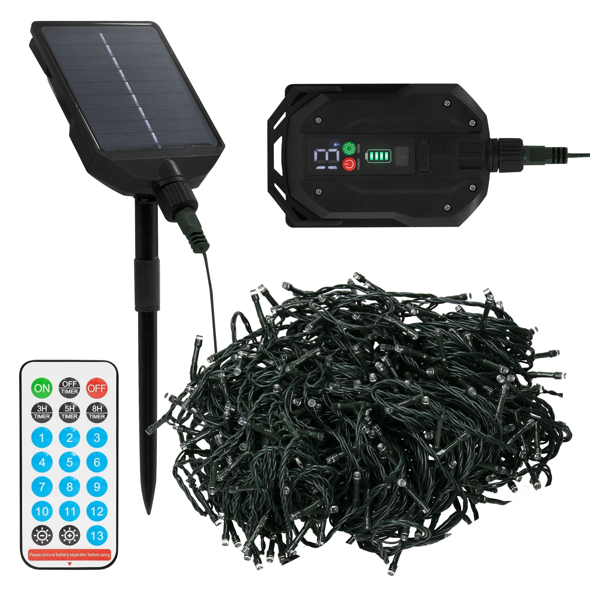 Solarpanel, Steuerbox mit Display, Fernbedienung und Lichterkette. Die Lichter und Komponenten sind schwarz und grün.
