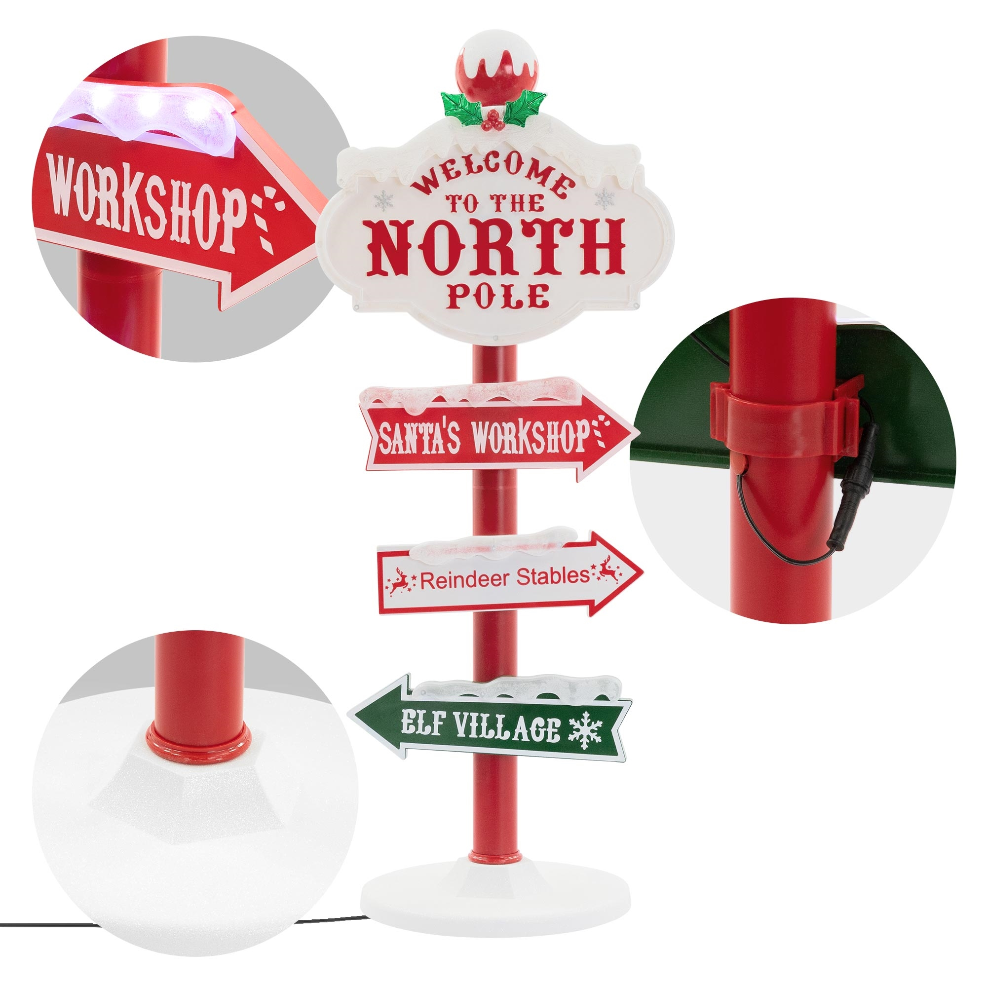 Ein Nordpol-Wegweiser mit Pfeilen, die auf die Werkstatt des Weihnachtsmanns, die Rentier-Ställe und das Elfendorf zeigen. Es hat ein rot-weißes Farbschema.